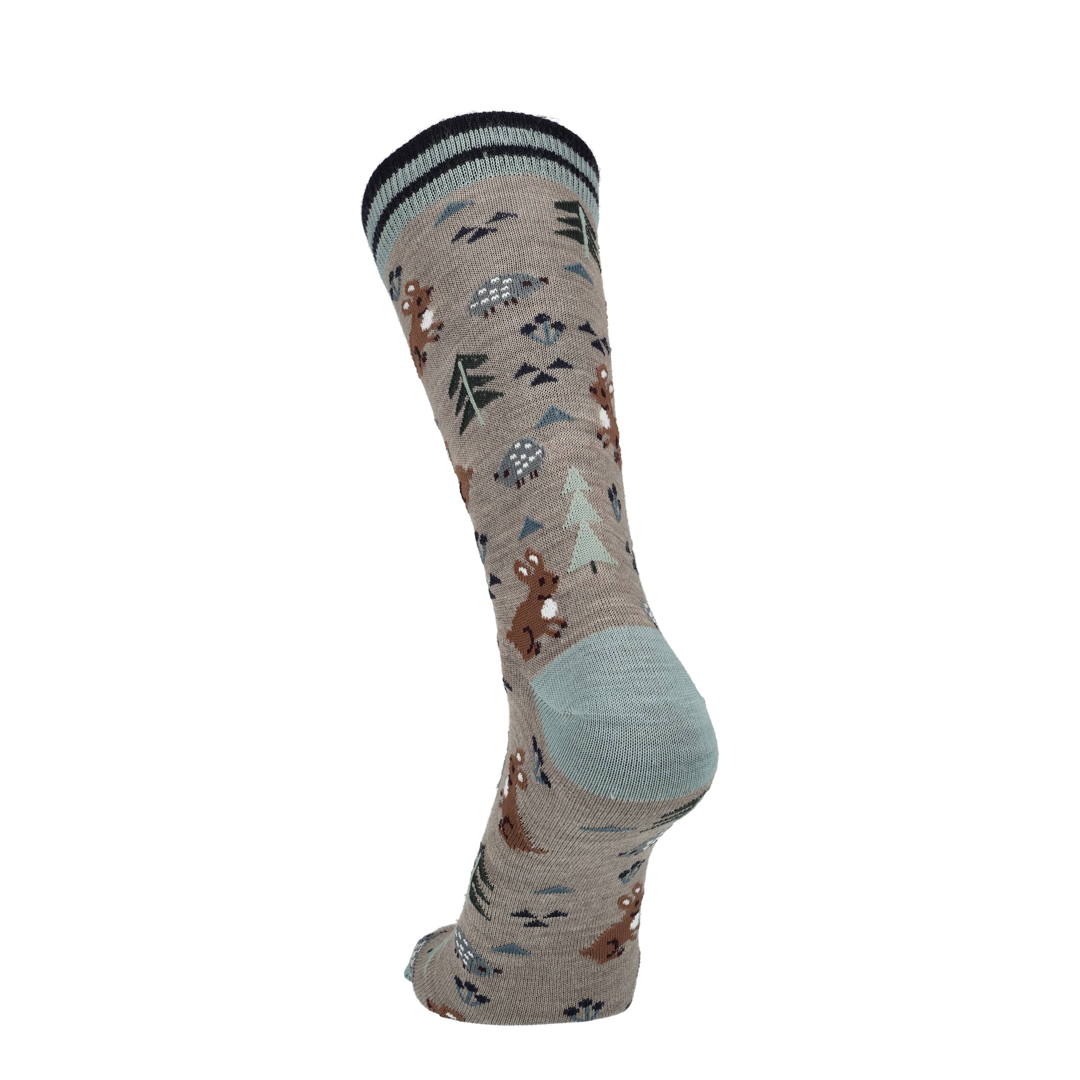 Beige merino sok met konijnenprint, lichtblauwe zool en zwarte boord