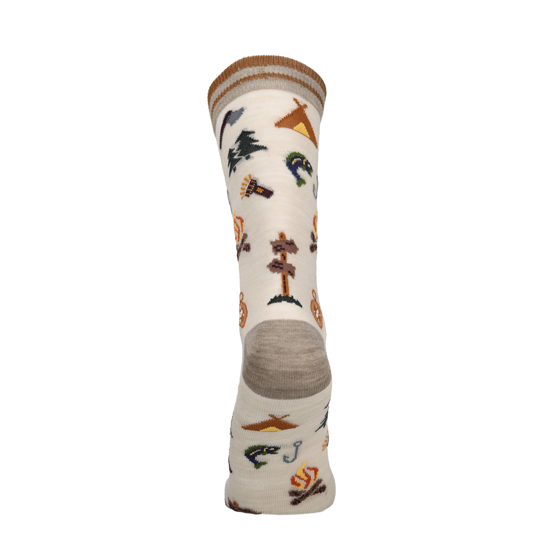 Beige merino sok met campingprint en bruine geribde boord, achteraanzicht van schacht.