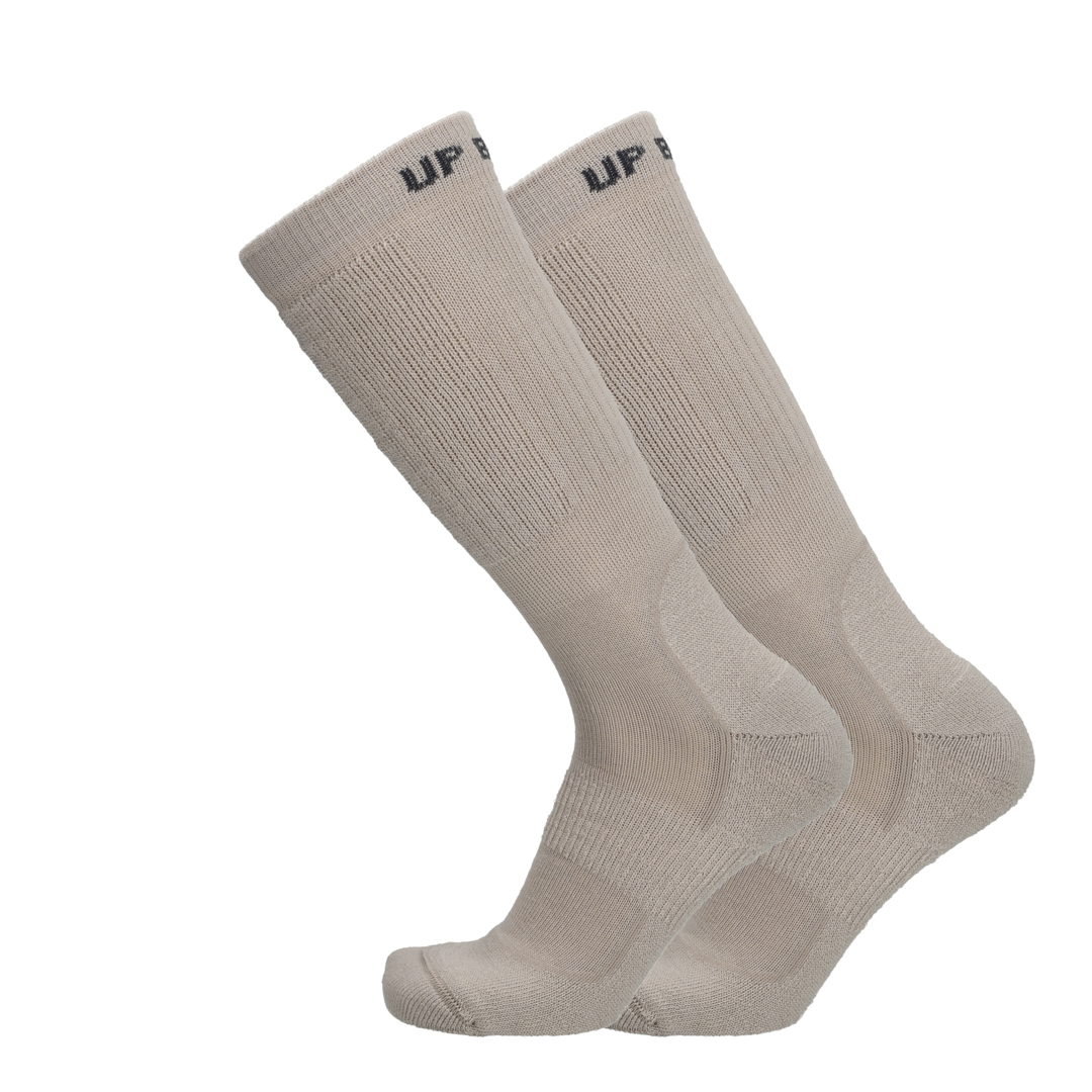 Beige merino tactische sokken, kniehoog model met merkprint bovenaan