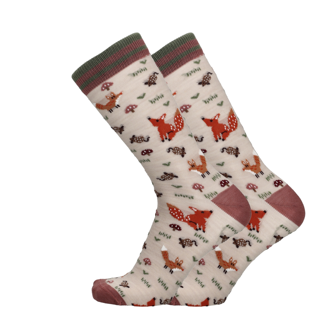 Merinowollen sokken met vosprint, beige met rode/roze boord en hak