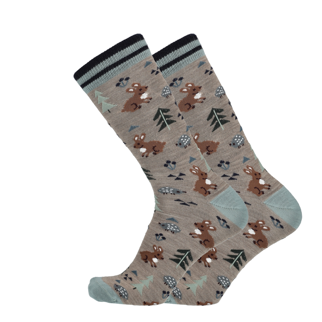 Beige merino sokken met konijnenprint en zwarte geribde boord