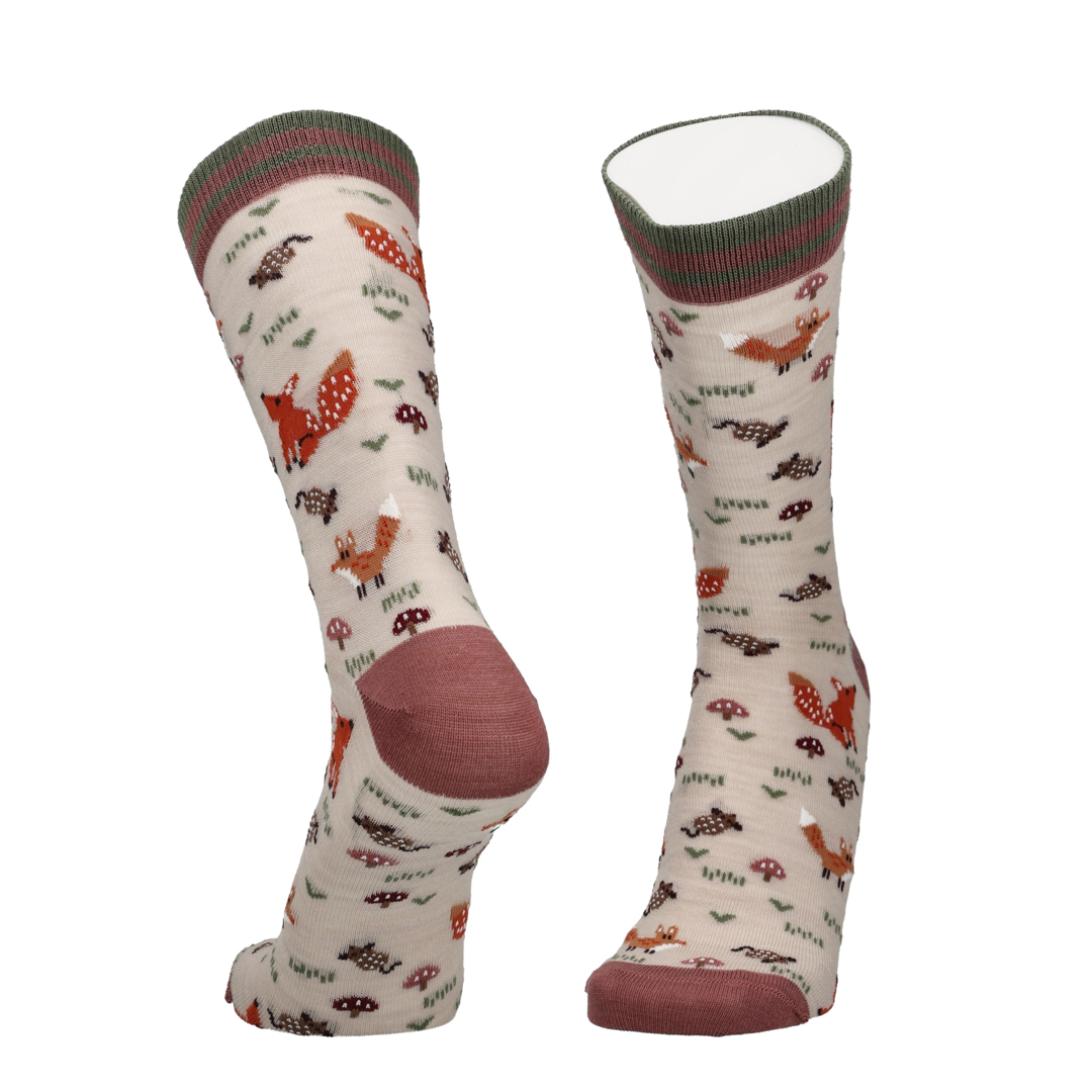 Merinowollen sokken met vosprint in set, beige met rode/roze boord en teen