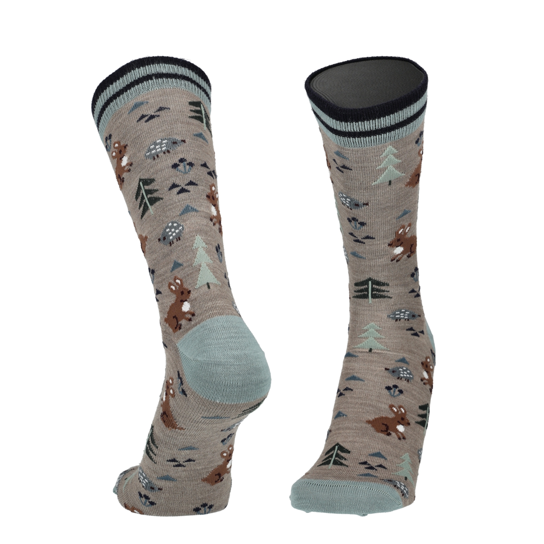 Beige merino sokken met konijnenprint, paar met lichtblauwe hiel en zwarte boord