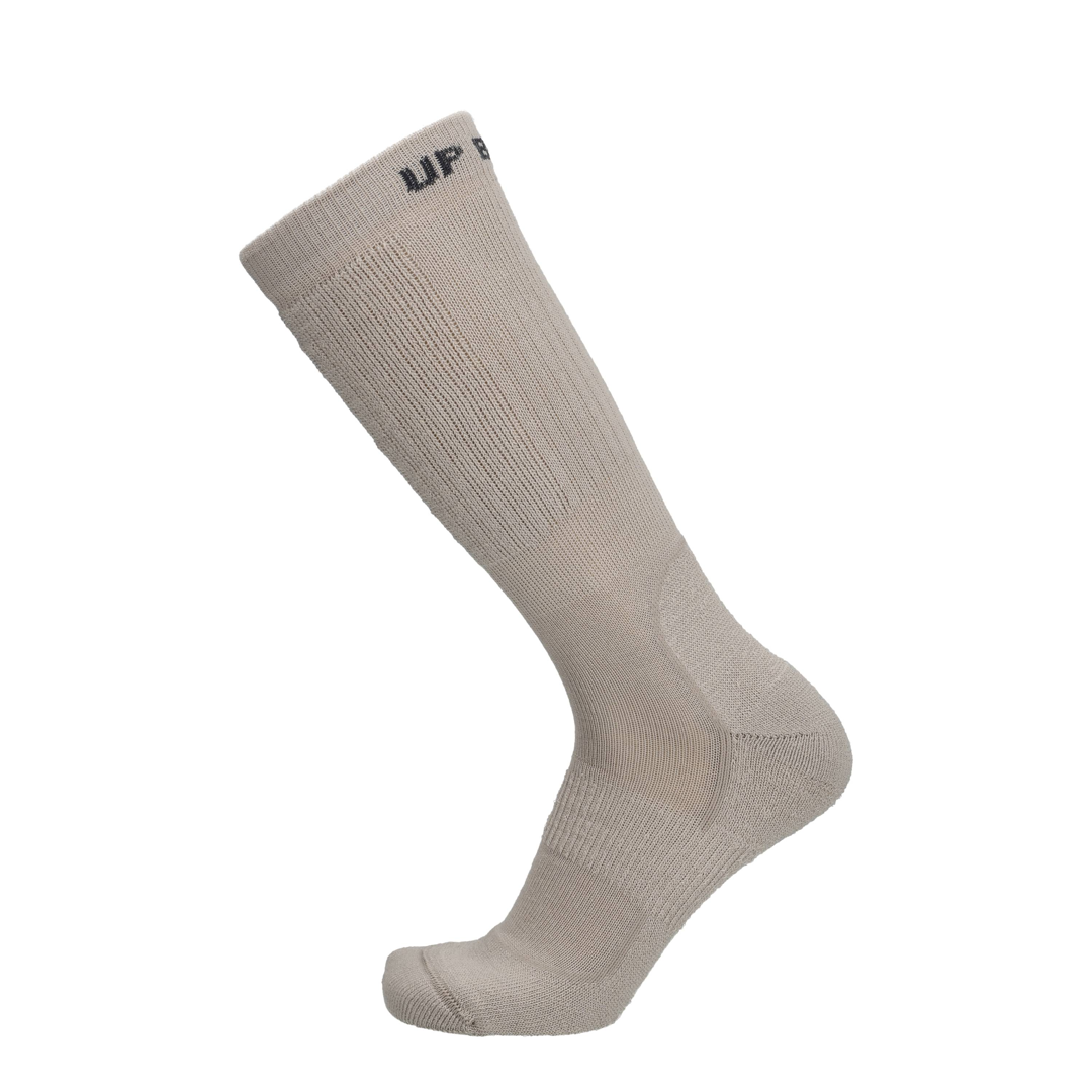 Beige merino tactische sok met merklabel bovenaan en geribde schacht