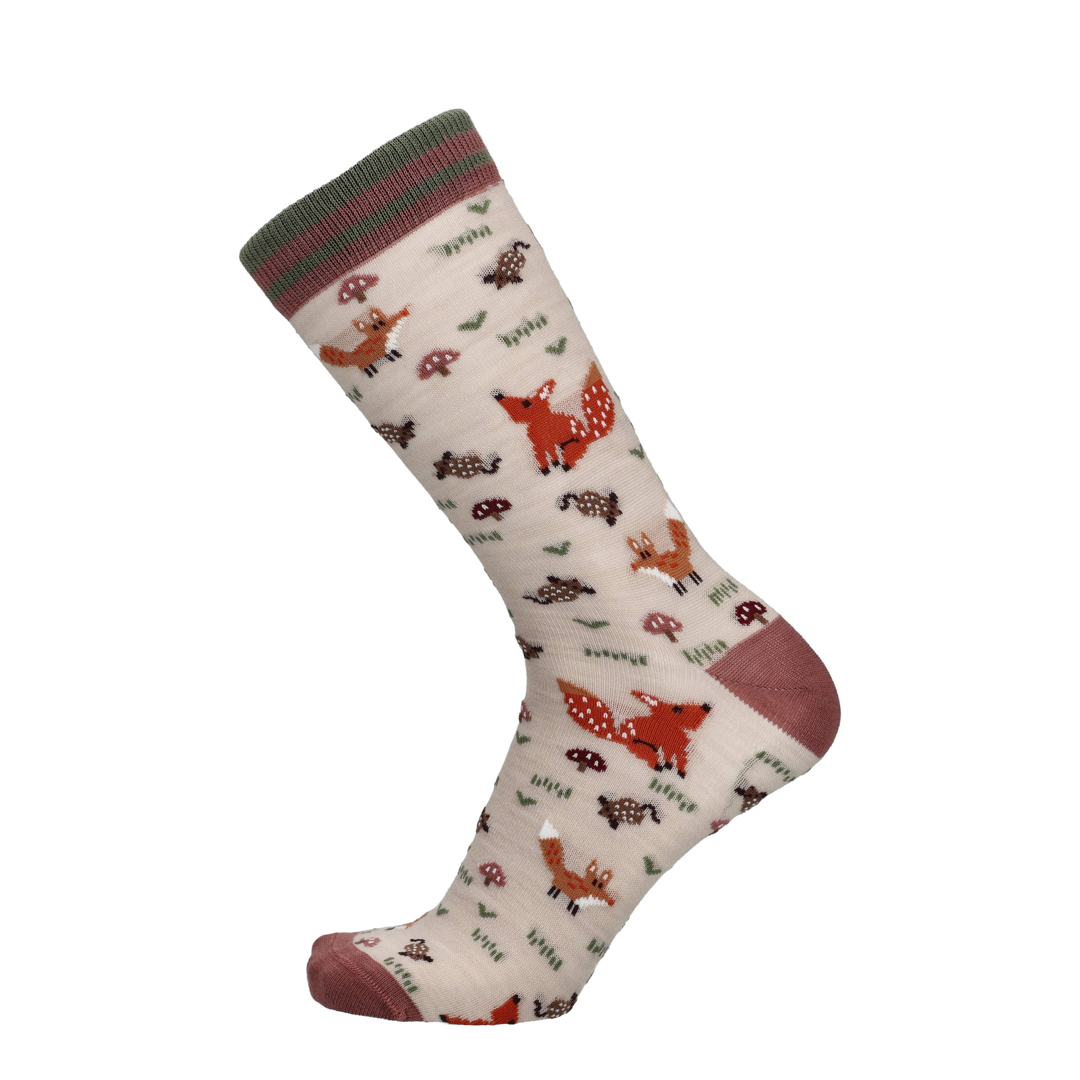 Merinowollen sokken met vosprint, beige met rode/roze teen en boord