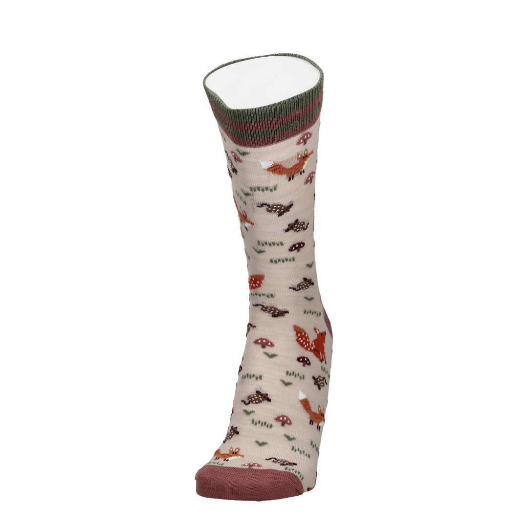 Merinowollen sokken met vosprint, beige, met rode/roze boord en platte teen