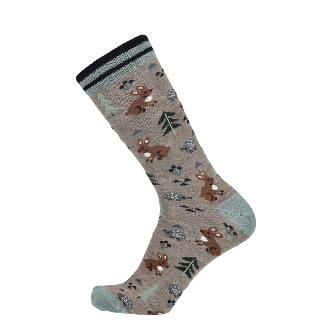 Beige merino sok met konijnenprint en zwarte geribde boord