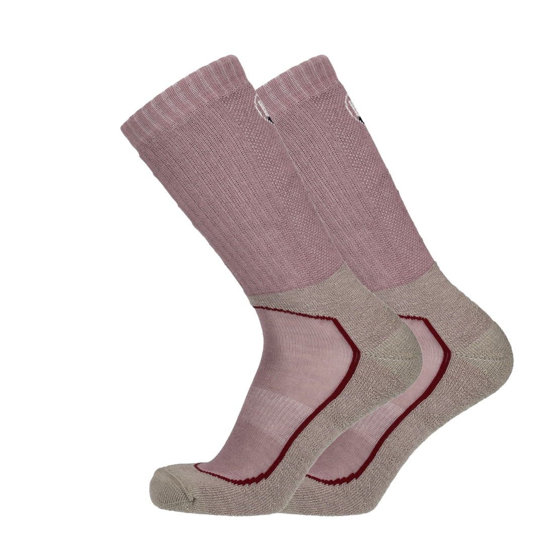 Wandelsokken roze mist met bordeauxrode contrasterende banen en teenversterking