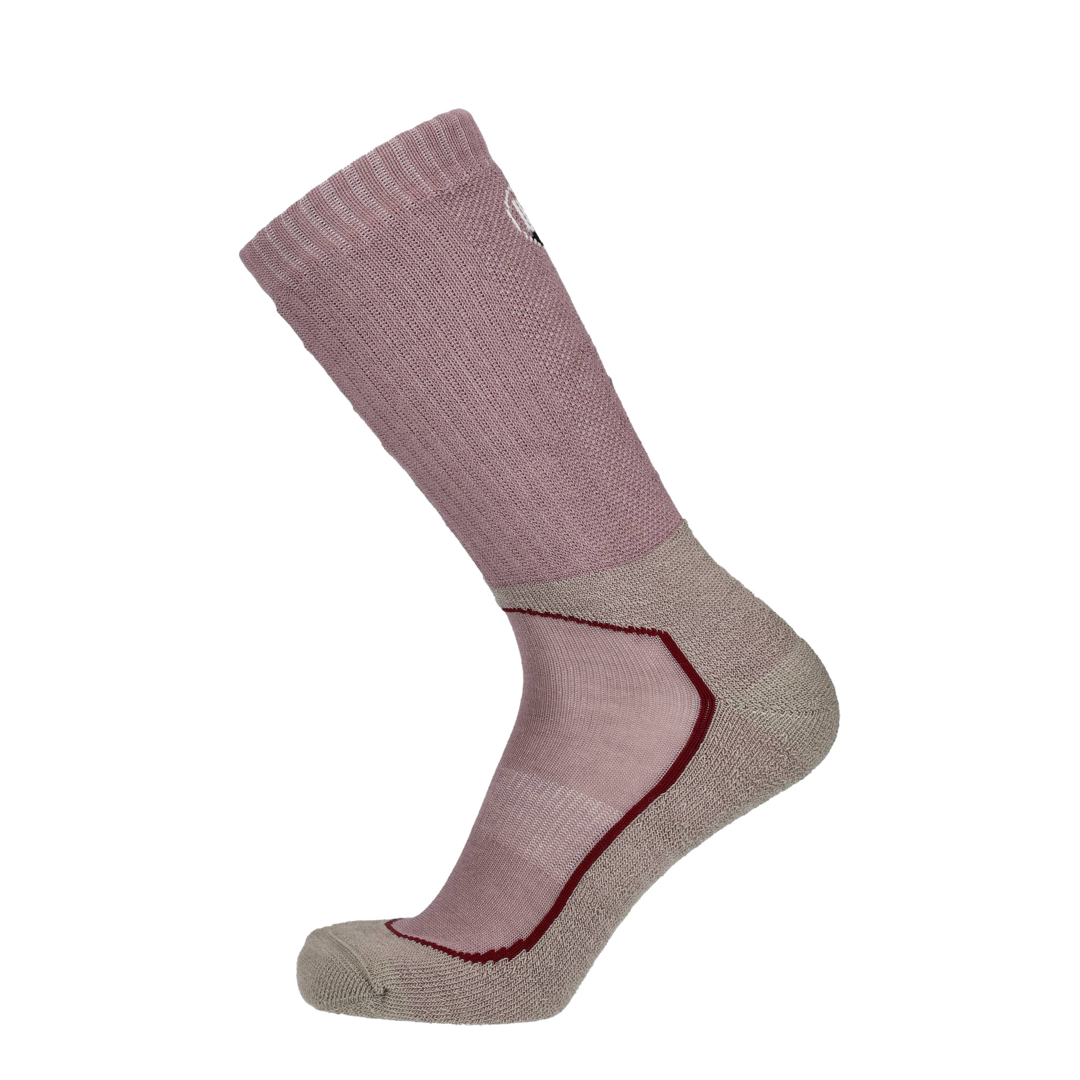 Wandelsokken roze mist met bordeauxrode banen en verstevigde hiel/voetboog