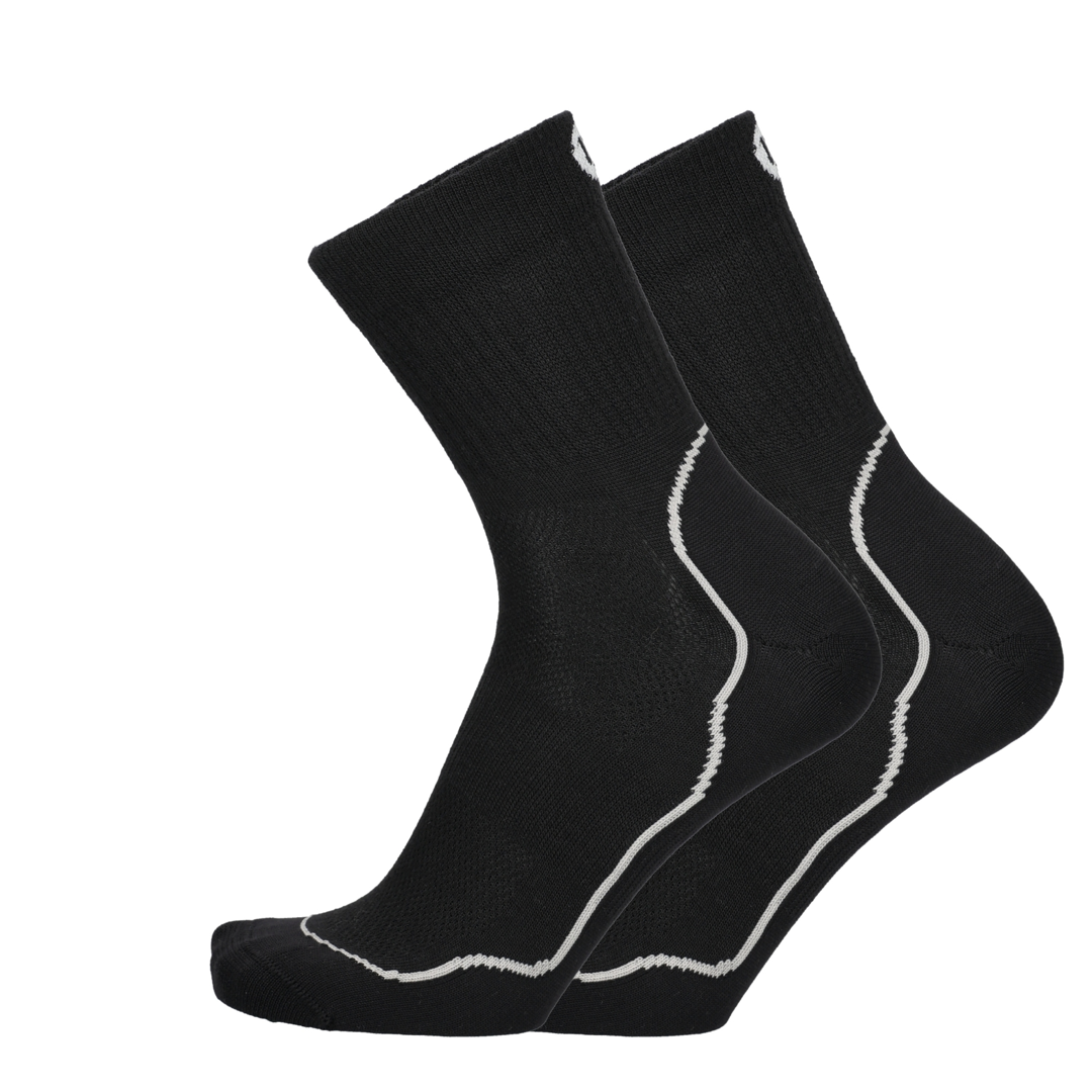 Merino hardloopsokken zwart met witte stiksels en mesh zones bij de voet