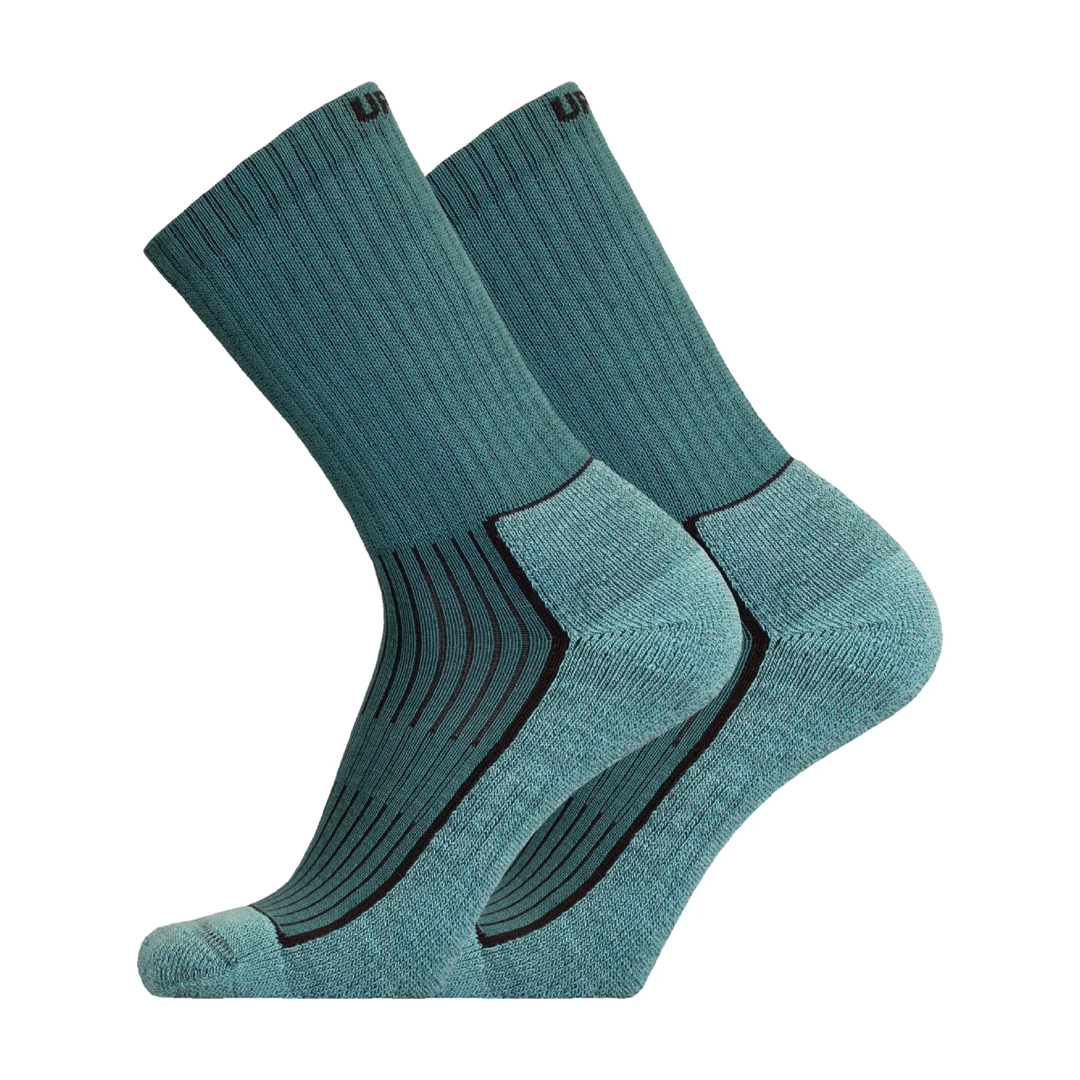 Wandelsokken in teal/blauwgroen met donkerblauwe inzet en lichte geribde wreef