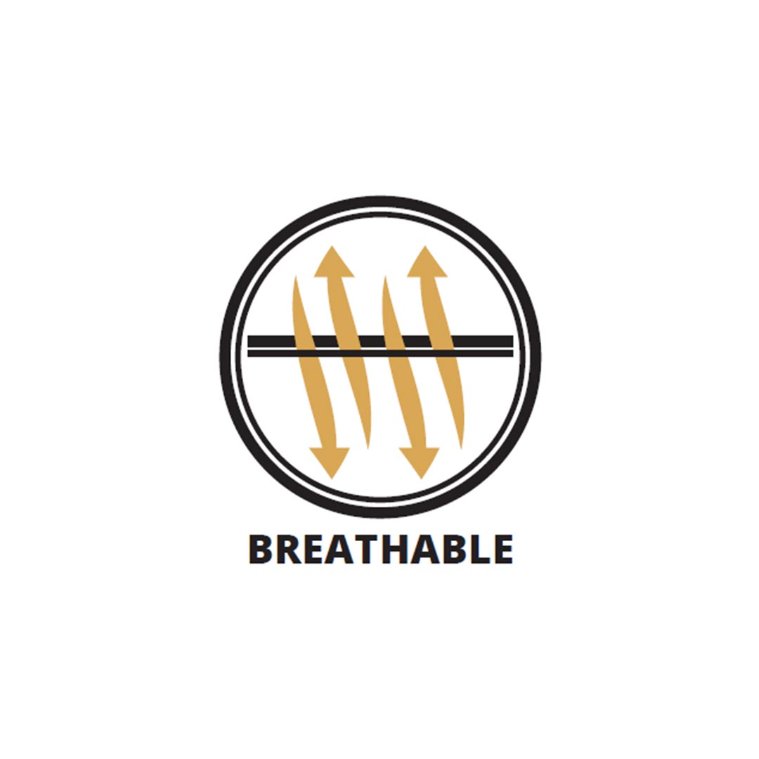 Oranje keurmerk met ventilatie-symbool en de tekst „BREATHABLE”
