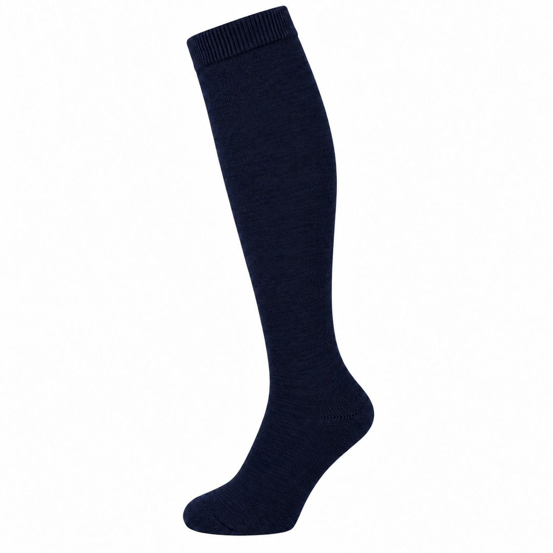 Kniekous van merinowol in marineblauw, met geribbelde boord en ronde teen