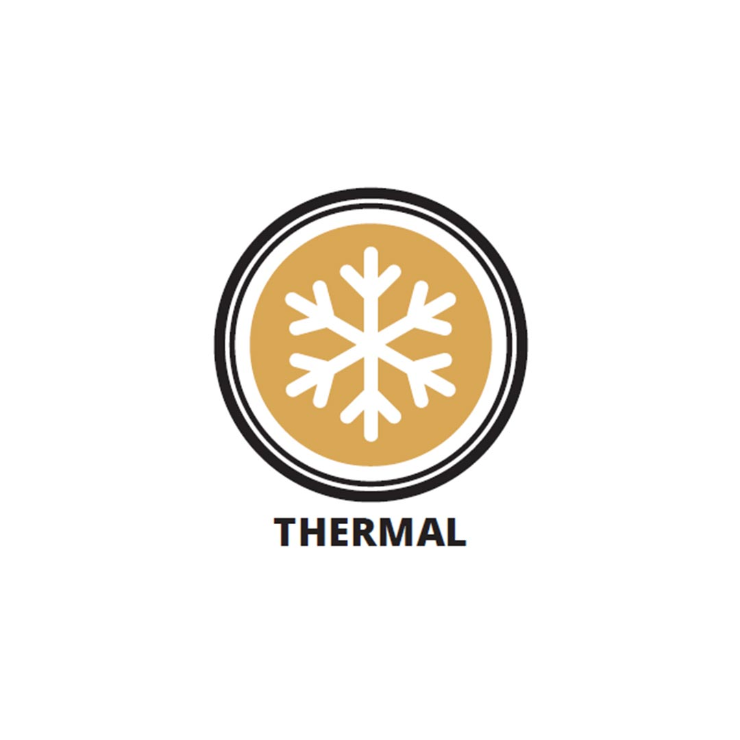 Oranje keurmerk met witte sneeuwvlok en de tekst „THERMAL”